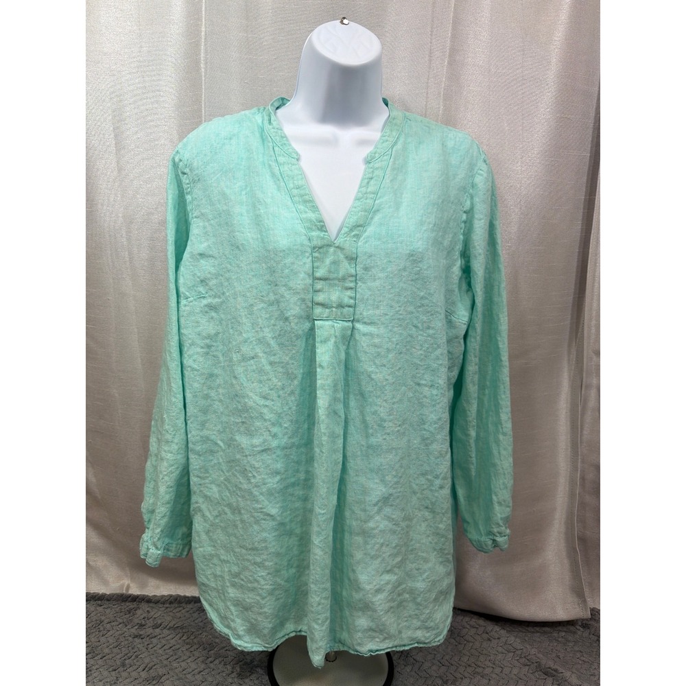 LL Bean Women Large Petite Aqua Mint Green 100% Linen Split V-Neck Tunic Blouse